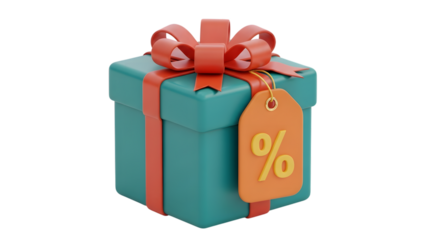 A teal gift box with a red ribbon and a tag with a percentage symbol, isolated on transparent background