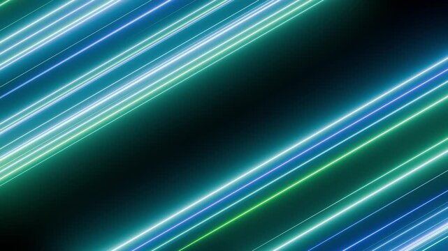 Seamless loop futuristic background with moving green and blue neon diagonal light streaks. Abstract animated texture with bright glow stripes in science fiction or computer technology style. 4K 60fps