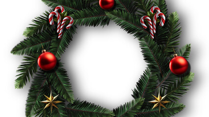 Festive Christmas Wreath with Ornaments and Candy Canes, Perfect for Holiday Greetings and Seasonal Designs, Capturing Joyful Holiday Spirit with Evergreen