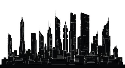 Obraz premium Modern city skyline silhouette at night, showcasing futuristic architecture and urban development.