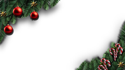 Festive Christmas frame with red ornaments, candy canes and pine branches, perfect for holiday greetings and marketing materials during the Christmas season.