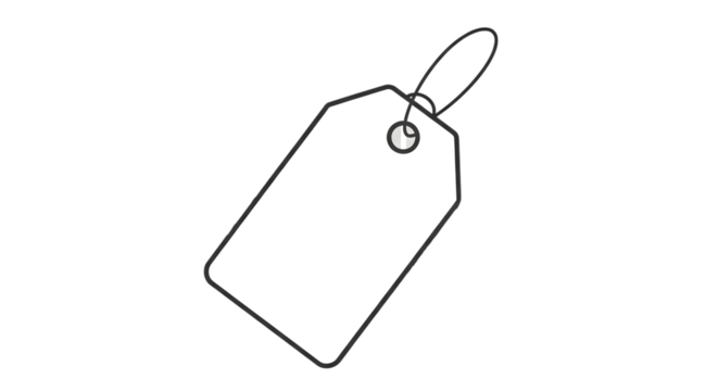 A simple, blank price tag or label with a hole and string, isolated on transparent background