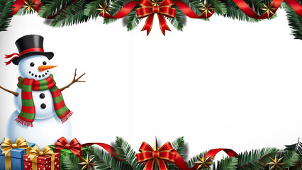 Festive Christmas frame with snowman, pine branches, ribbons, and gifts creates a joyful holiday season, perfect for seasonal greetings or promotions