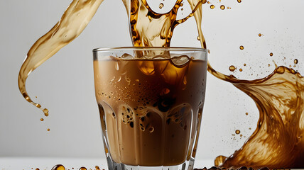 A tall glass of chilled iced coffee with a straw placed neatly inside, captured on a white background.