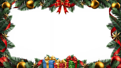 Festive Christmas and New Year frame with ornaments, presents, and seasonal greenery creates a joyful and celebratory mood for holiday greetings