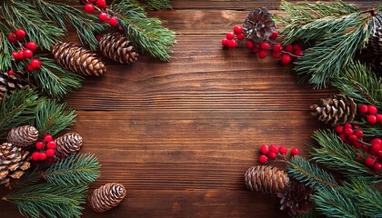 Rustic Christmas Border Made Of Conifer Branches Cones And Red Berries On Brown Wooden Background Festive Natural Frame For Holiday Design Greeting Cards Or Winter Decoration