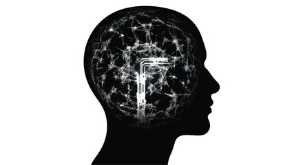 Obraz premium Silhouette of a human head with glowing neural network and abstract technology concept inside