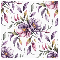 This stunning seamless floral pattern features beautifully hand-painted lavender and blush pink blossoms with lush green and mauve leaves on a soft white background. The delicate watercolor texture.