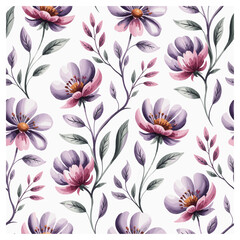 This elegant seamless floral pattern features hand-painted lavender, violet, and blush pink flowers with green botanical stems and leaves on a light background. The watercolor texture brings.