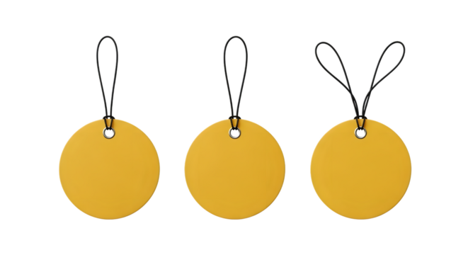 Three yellow blank round tags with string loops, isolated on transparent background