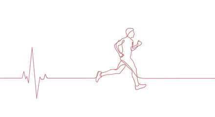 Continuous line art of an EKG heartbeat transitioning into a running figure, symbolizing fitness and health.