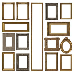 Collection of ornate and rustic picture frames on black background Keywords: frame, picture frame, ornate frame, rustic frame, gold frame, silver isolated on a transparent background