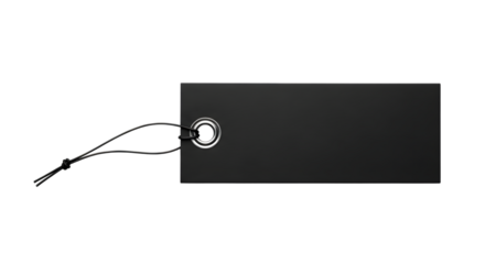 A plain black rectangular tag with a string attached, isolated on a transparent background
