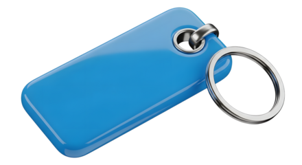 A bright blue rectangular keychain tag with a silver ring, isolated on a transparent background this simple and versatile accessory is perfect for keys, luggage, or identification