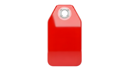 A single, shiny, bright red tag isolated on a transparent background, perfect for price, sale, or identification purposes