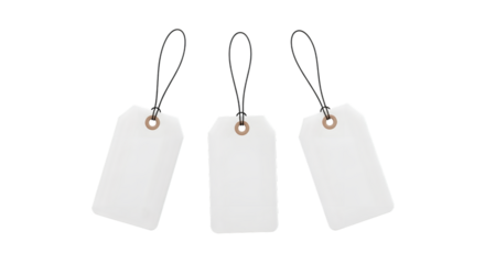 Three blank white price tags with strings, isolated on transparent background