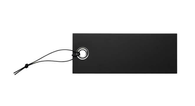 A plain black rectangular tag with a string attached, isolated on a transparent background