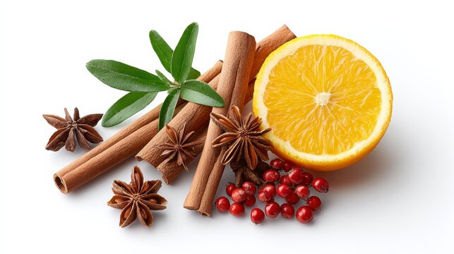 Fresh citrus orange slice surrounded by aromatic spices including cinnamon sticks, star anise, and red pepper berries, creating a vibrant and flavorful culinary arrangement for cooking enthusiasts