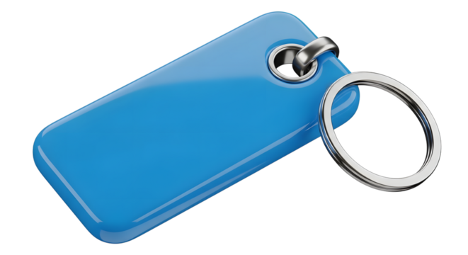 A bright blue rectangular keychain tag with a silver ring, isolated on a transparent background this simple and versatile accessory is perfect for keys, luggage, or identification