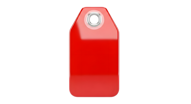 A single, shiny, bright red tag isolated on a transparent background, perfect for price, sale, or identification purposes