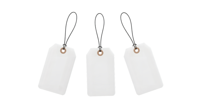 Three blank white price tags with strings, isolated on transparent background