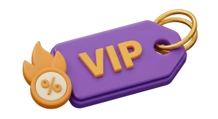 Purple vip tag with a fiery percentage symbol, isolated on transparent background
