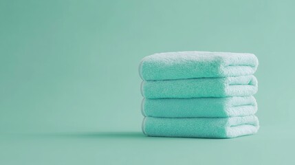A stack of neatly folded towels on a soft mint background symbolizing cleanliness and self care