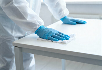 Closeup of person in protective suit and blue gloves wiping a white table with a cloth.