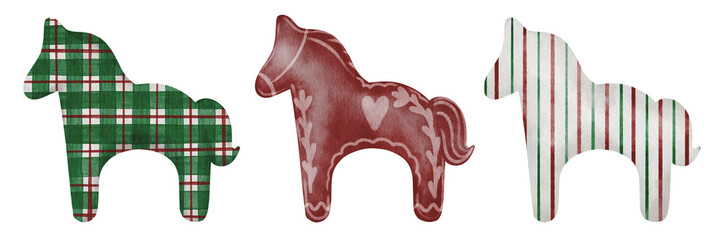 Watercolour horses silhouette isolated illustration on transparent background, New Year symbol in traditional Christmas colors, red and green.