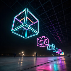 futuristic neon glowing cubes levitating in dark