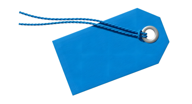 A single blue paper tag with a string and metal grommet, isolated on a transparent background
