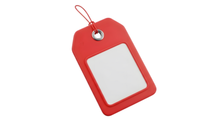 A bright red gift tag with a white blank label for text, isolated on transparent background