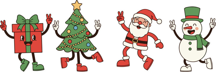 Christmas cartoon characters, festive Santa Claus, snowman, Christmas tree, gift box, holiday celebration, cute dancing icons, cheerful seasonal illustration
