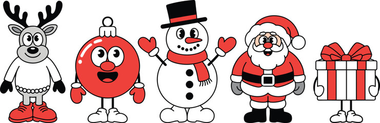 Christmas cartoon characters, Santa Claus, snowman, reindeer, gift box, ornament, festive holiday icons, cheerful illustration, winter celebration, holiday decoration design