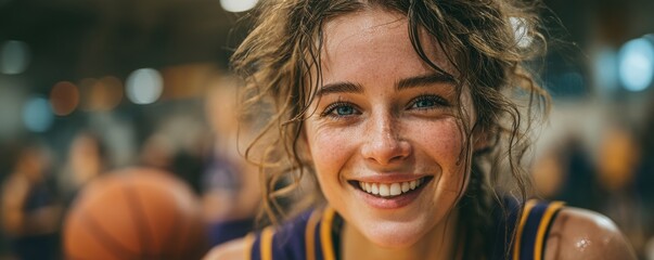 Smiling Basketball Player in Purple and Gold Jersey at Indoor Court
