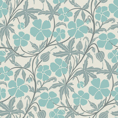Vintage Art Nouveau Floral Seamless Pattern. Seamless Botanical Background with Flowers and Vines with Leaves. Muted pastel colours.