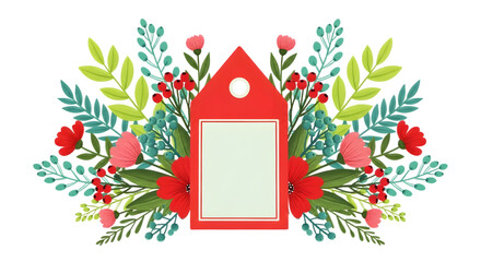Decorative red tag with floral and berry accents, isolated on transparent background