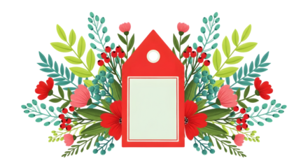 Decorative red tag with floral and berry accents, isolated on transparent background
