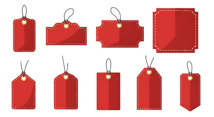 Collection of various red paper price tags and sale tags with string, isolated on transparent background