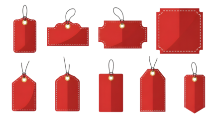 Collection of various red paper price tags and sale tags with string, isolated on transparent background