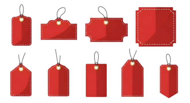 Collection of various red paper price tags and sale tags with string, isolated on transparent background