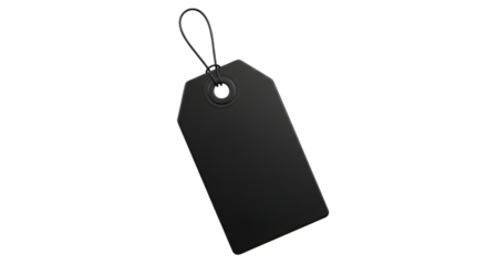 A blank black price tag with a string loop, isolated on a transparent background, representing retail, shopping, and sales