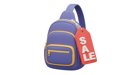 A purple sling bag with a red sale tag hanging from the strap, isolated on transparent background