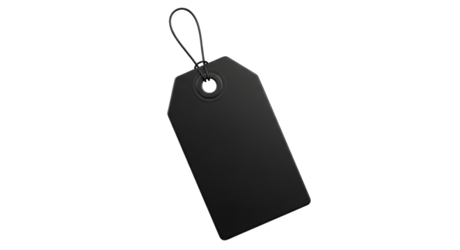A blank black price tag with a string loop, isolated on a transparent background, representing retail, shopping, and sales