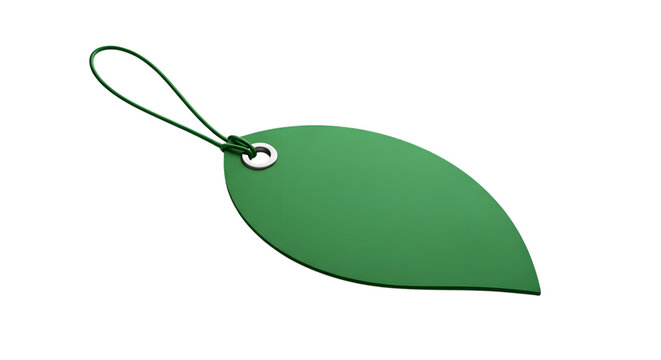 A single green leaf shaped tag with a string loop, isolated on transparent background