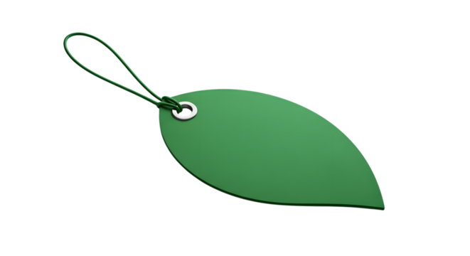 A single green leaf shaped tag with a string loop, isolated on transparent background