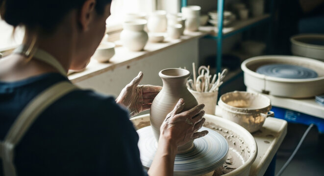 Female artisan shaping clay on a potter's wheel in a sunlit studio with finished pottery displayed on shelves.
