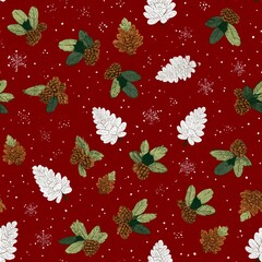 Seamless pattern featuring brown and white pinecone illustrations with falling snow on bright red background