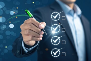 Achieving Goals: A determined professional meticulously reviews and finalizes tasks with a gleaming pen, ensuring every project objective is completed with precision and diligence.