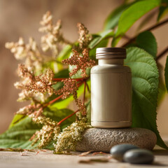Elegant neutral-toned supplement bottle rests on natural stone surrounded by lush green foliage and delicate dried blossoms, suggesting wellness.